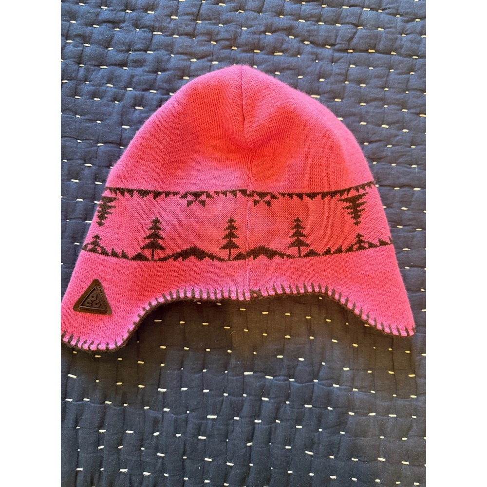 VTG Nike ACG Vintage Pink Forest Landscape Earflap Beanie Hat L/XL Gorpcore